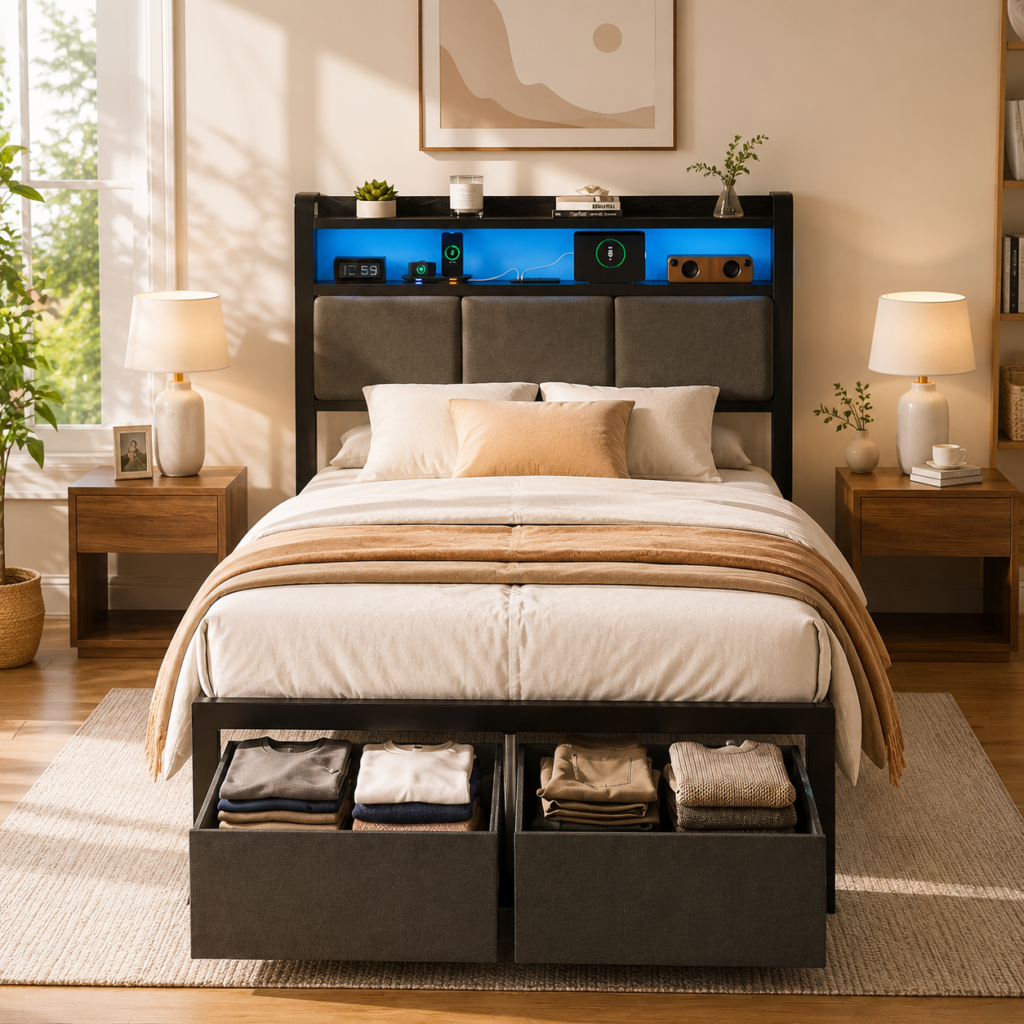 Modern bedroom featuring a dark storage bed frame with two large pull-out drawers, neatly organized clothing, a padded headboard, integrated shelf, warm bedside lighting, and neutral contemporary decor.