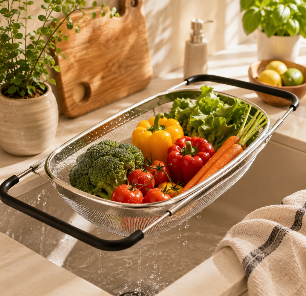 U.S. Kitchen Supply Stainless Steel Colander Strainer U.S. Kitchen Supply stainless steel mesh colander with black handles filled with fresh vegetables in a bright, warm kitchen, with water draining through the basket.