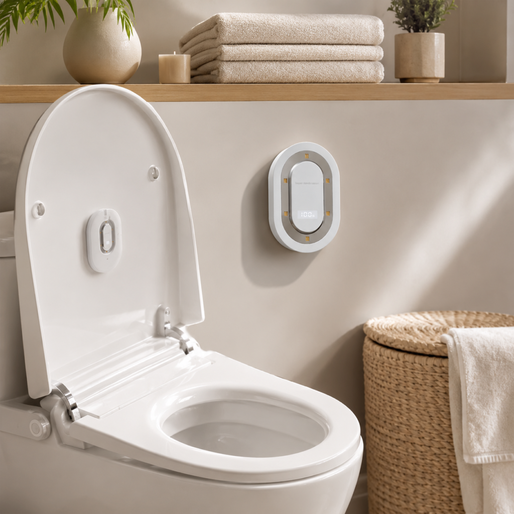 Modern minimalist bathroom featuring a white toilet with a UV-C toilet sanitizer device, warm beige tones, folded towels, natural wood accents, greenery, and a woven basket for a clean, calming lifestyle aesthetic.