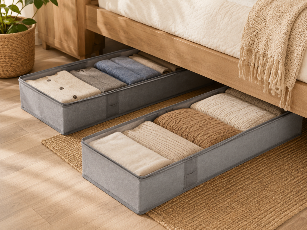 Aesthetic bedroom scene with two gray under-bed storage bags filled with neatly folded clothes and blankets, styled beneath a warm wooden bed with neutral bedding, natural textures, and soft daylight.