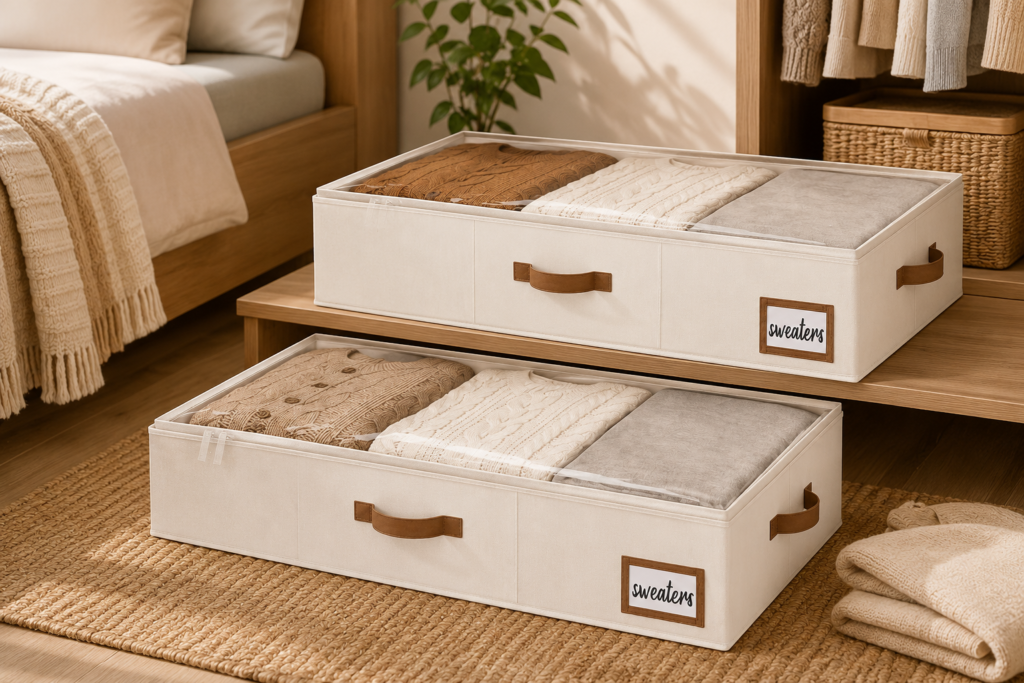 Aesthetic bedroom organization scene featuring two cream fabric storage containers with brown handles and clear covers, neatly filled with folded sweaters and positioned on a wooden bench beside a cozy neutral-toned bedroom.