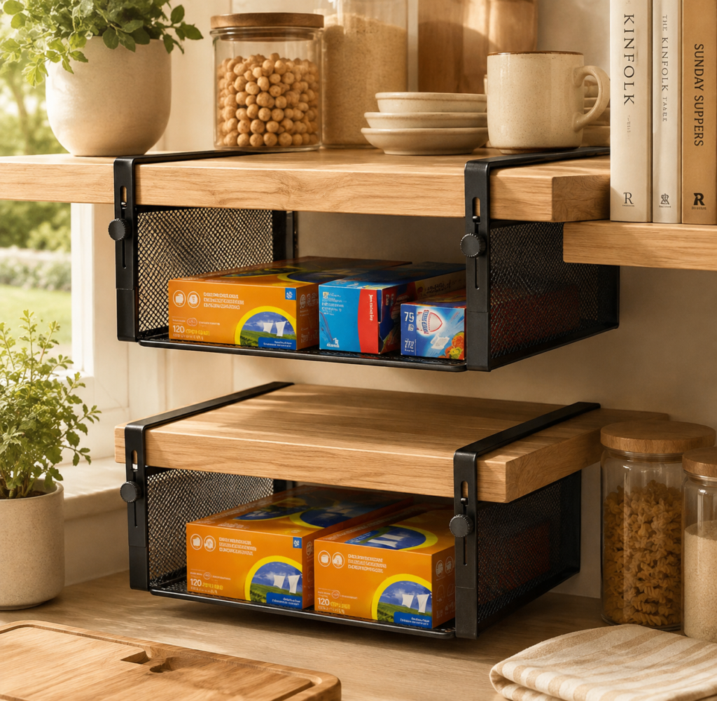 Under Shelf Basket Aesthetic kitchen organization scene featuring black metal under-shelf storage baskets mounted beneath warm wooden shelves, neatly holding pantry supplies alongside jars, ceramics, cookbooks, and greenery.