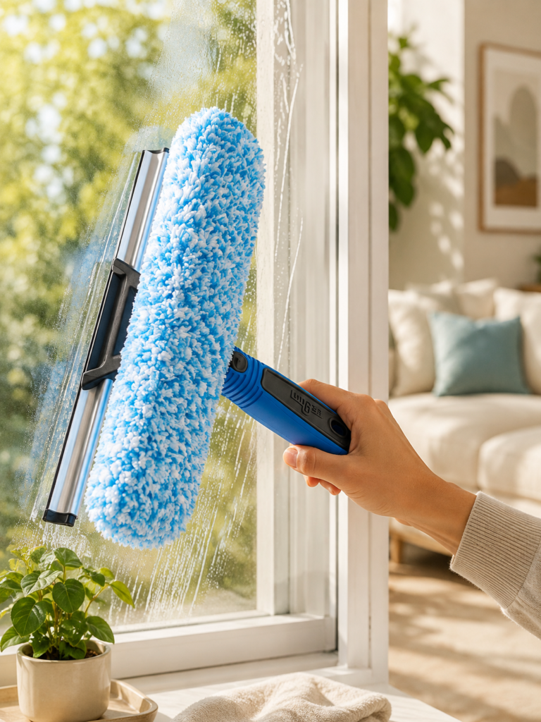 Unger Professional Connect and Clean 2-in-1 Squeegee and Scrubber A hand uses an Unger blue microfiber window-cleaning tool on a sunlit glass window, with greenery and a bright, cozy home interior in the background.