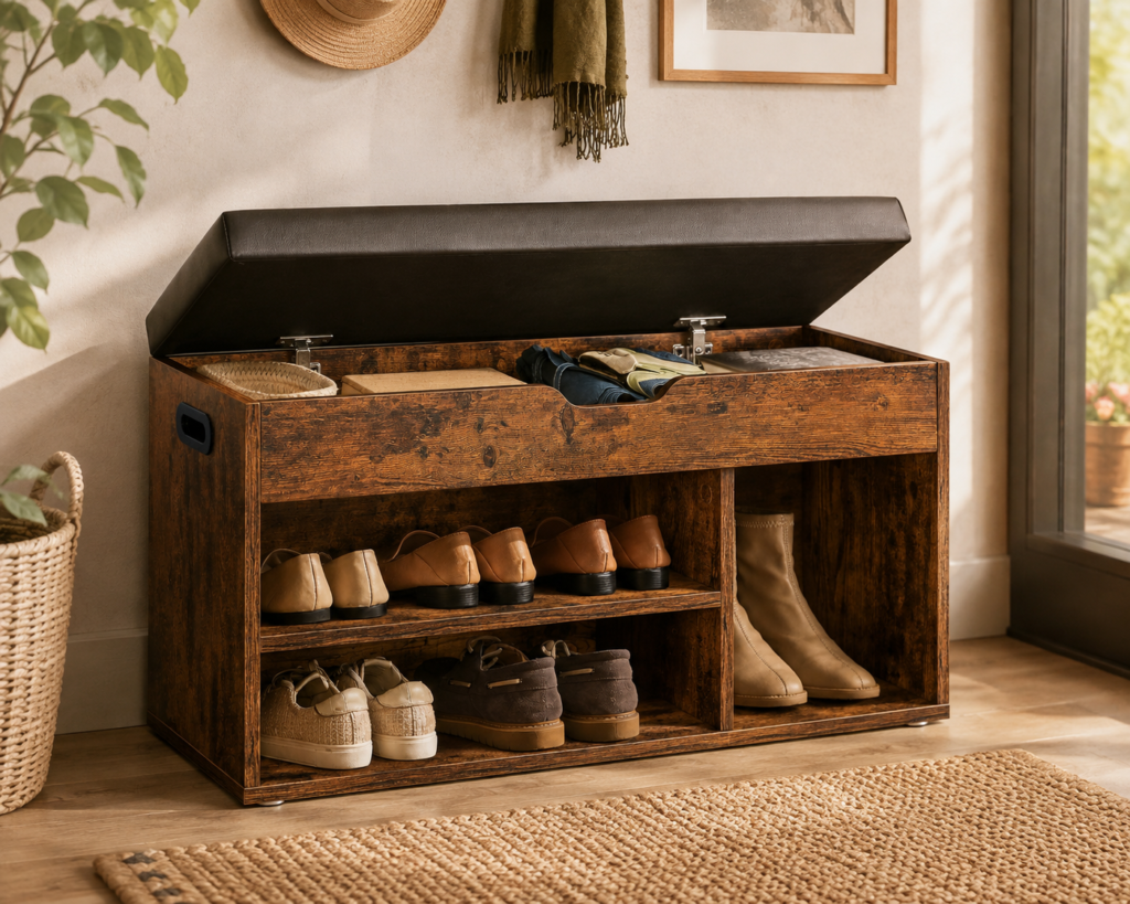Rustic-modern entryway featuring a dark wood VASAGLE storage bench with an open cushioned compartment, organized shoes and boots, and warm natural décor for an inviting, clutter-free home.