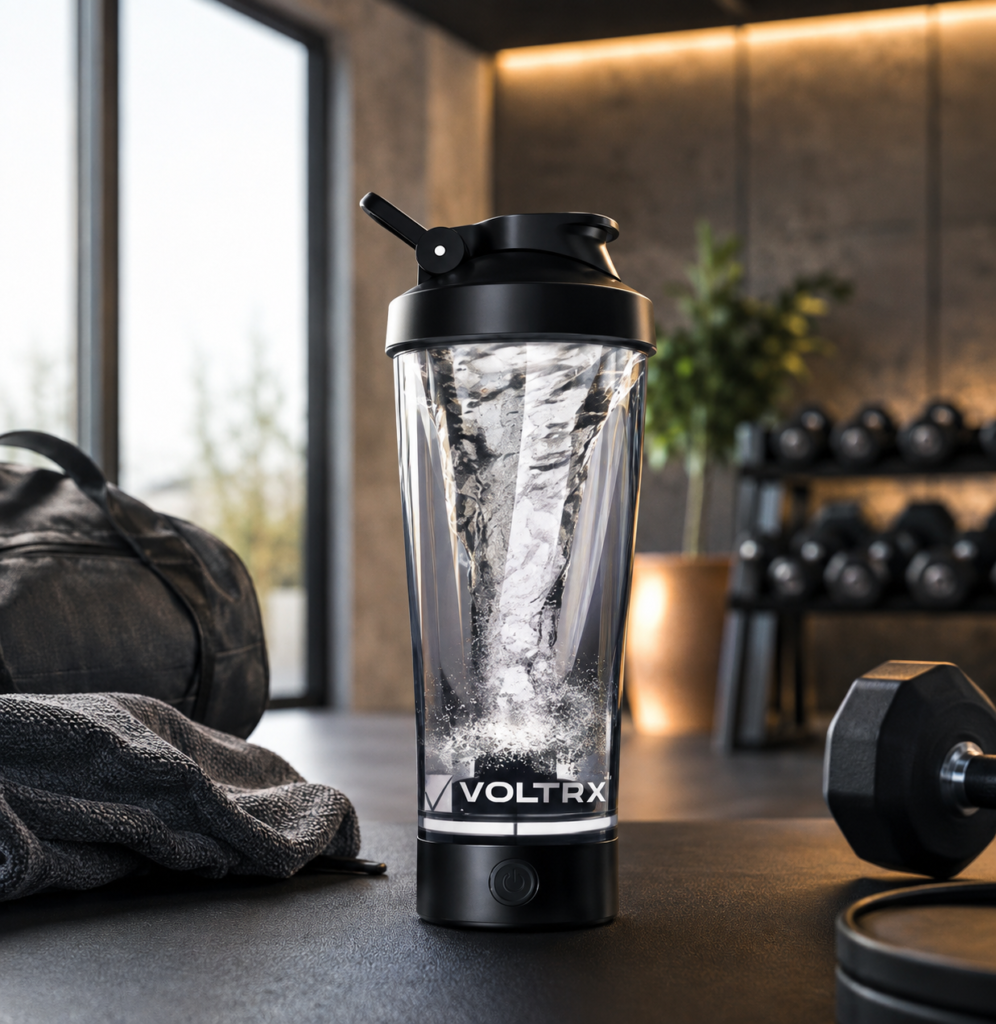 The VOLTRX shaker is placed naturally in a polished gym setting, with its distinctive branding preserved.