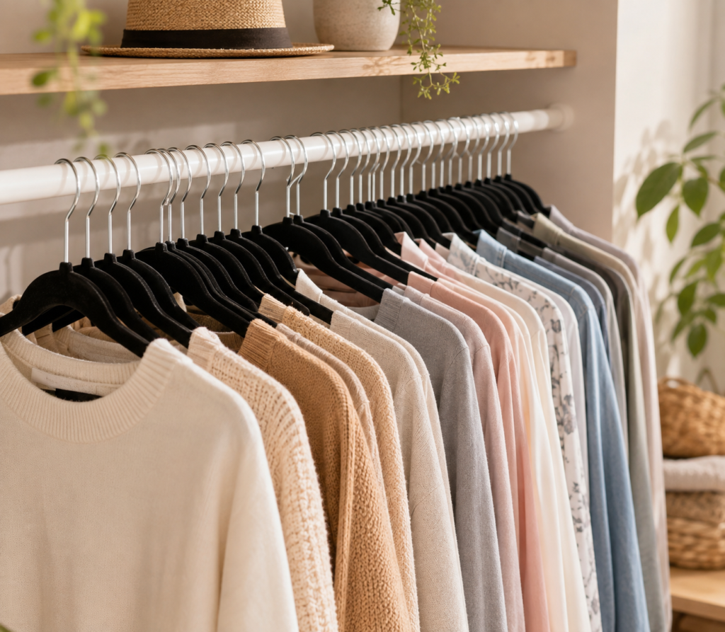 A warm, minimalist wardrobe featuring slim black velvet hangers holding neatly organized neutral and pastel clothing, with natural wood shelving, woven baskets, and greenery creating an elegant, organized closet atmosphere.