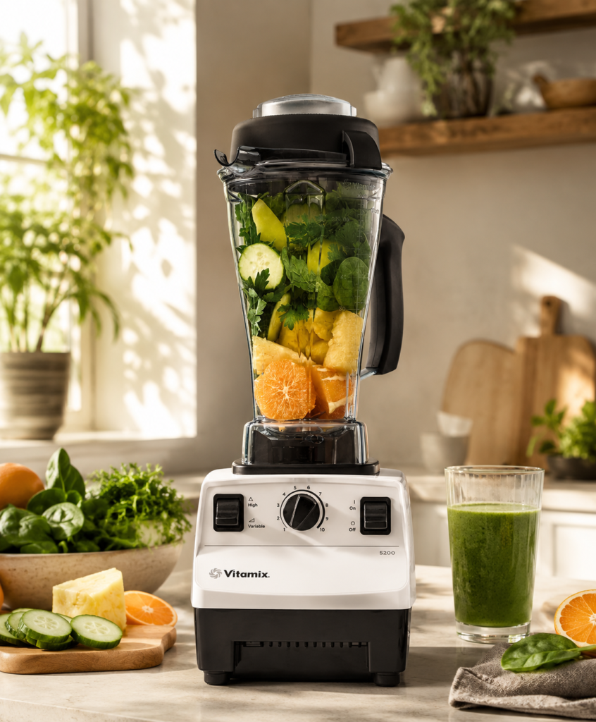 Vitamix 5200 Blender Vitamix 5200 blender filled with fresh fruits and leafy greens on a bright kitchen counter, surrounded by fresh produce and a glass of green smoothie.