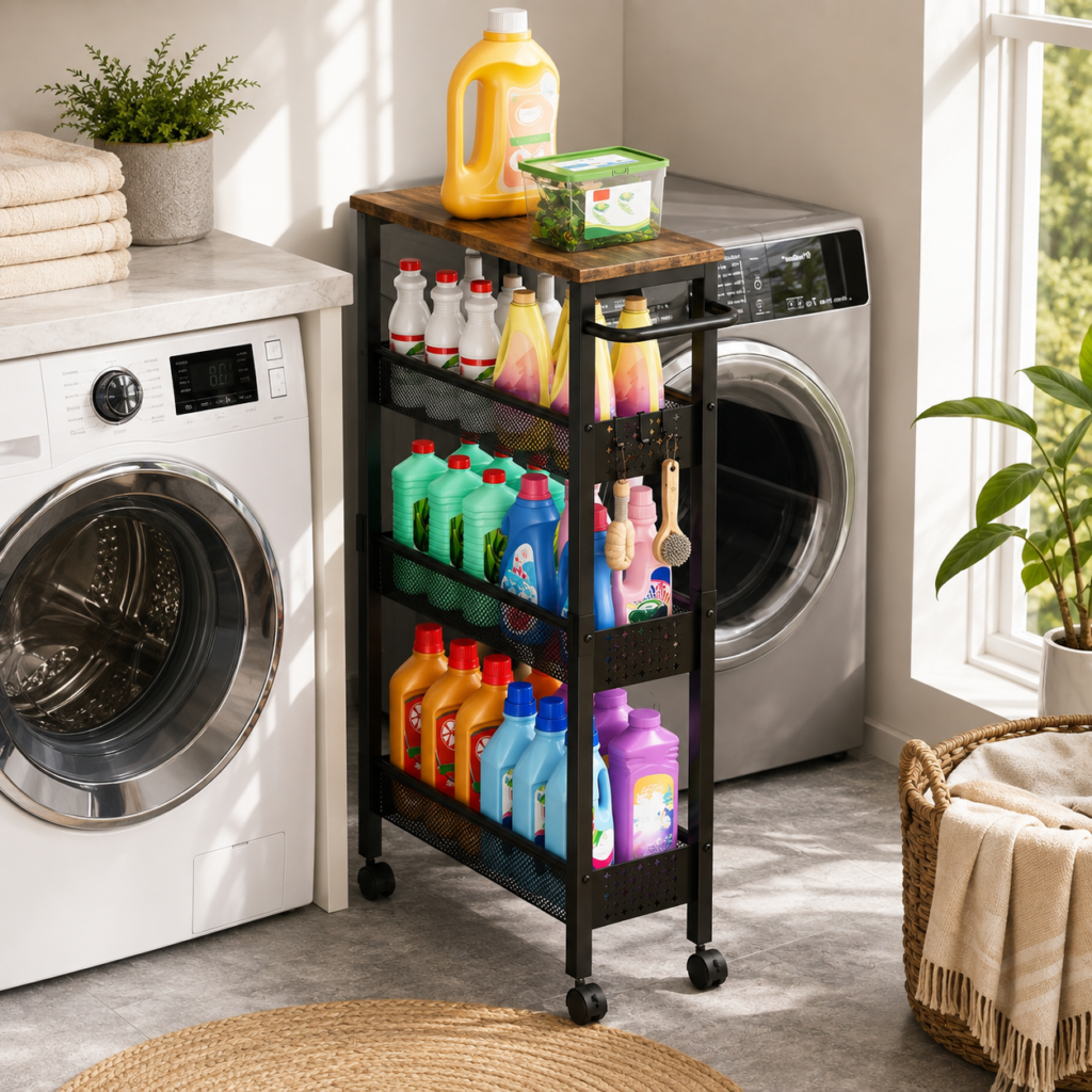 Slim 4-tier rolling laundry cart organized beside a washer and dryer in a bright, stylish laundry room, stocked with laundry supplies and surrounded by folded towels and greenery.