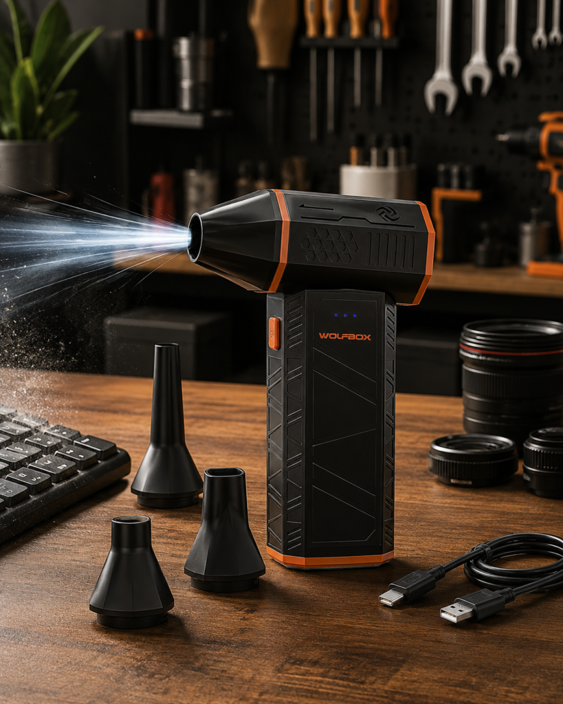 The WOLFBOX air duster is now presented in an aspirational workshop setting with its brand clearly visible.