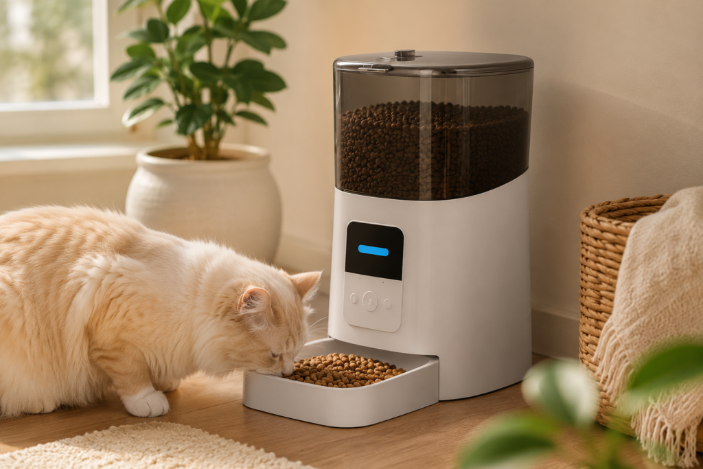 White automatic pet feeder with a cat eating in a cozy home