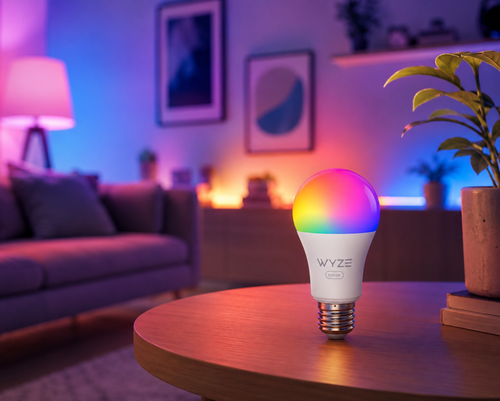 WYZE BULB COLOR RGB, 4-PACK WYZE COLOR smart RGB light bulb glowing with vibrant rainbow colors on a wooden table in a cozy modern living room with colorful ambient lighting.