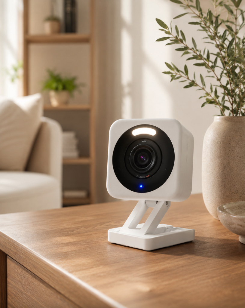 WYZE Cam v4 WYZE Cam v4 security camera on a wooden table in a warm, minimalist living space with soft natural light, greenery, and a cozy modern interior.