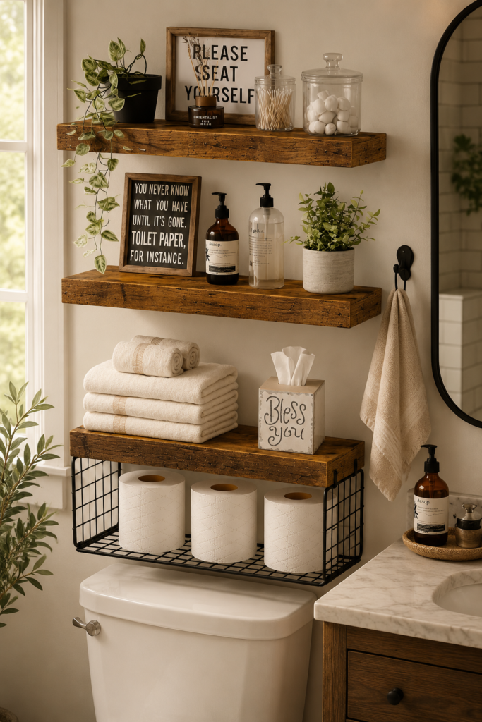 Wall Mounted Floating Shelves Toilet Paper Storage Rustic floating wall shelves with black metal storage, styled with folded towels, toilet paper, plants, jars, and bathroom essentials above a toilet in a warm, modern farmhouse bathroom.