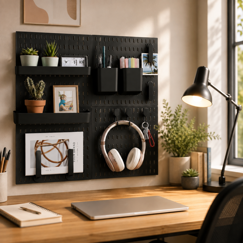 The pegboard is styled as an inviting, design-conscious home-office focal point with an everyday lived-in feel.