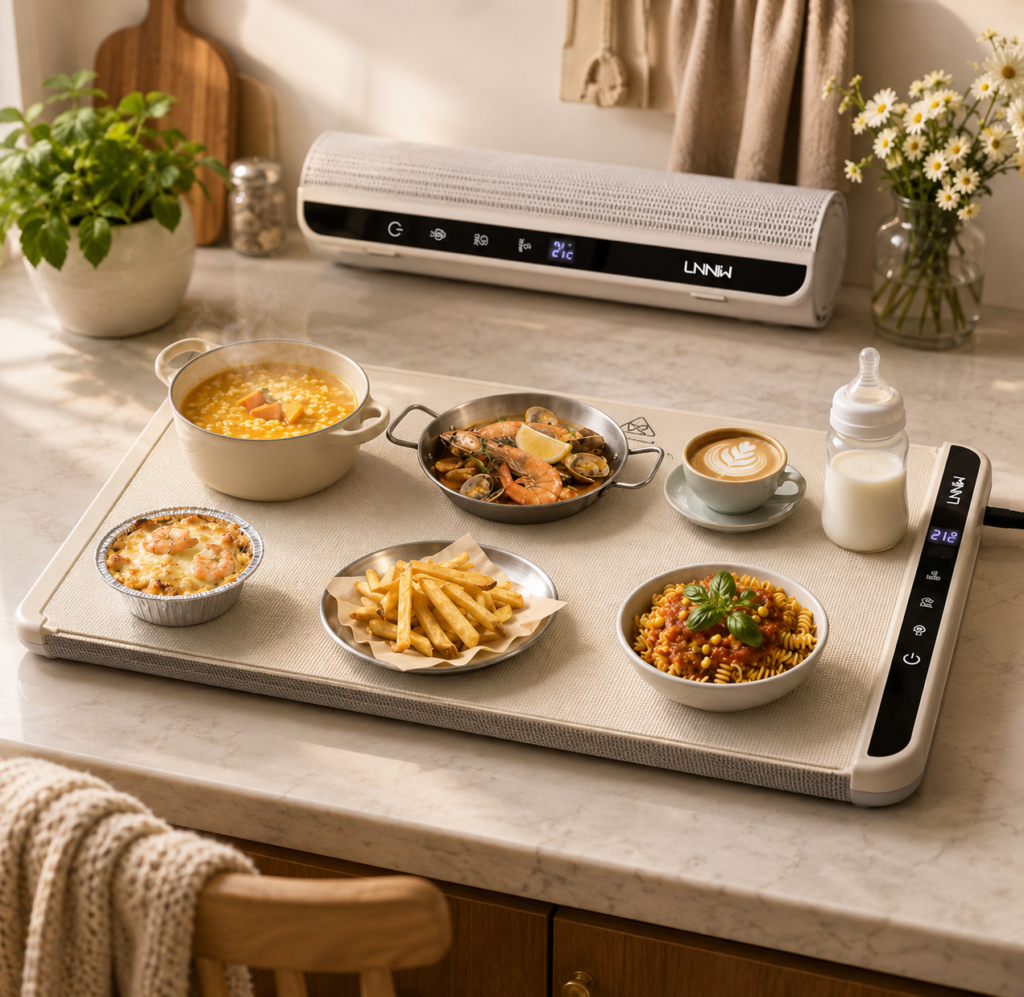 A warm, aspirational kitchen scene showcases the product naturally in everyday use.