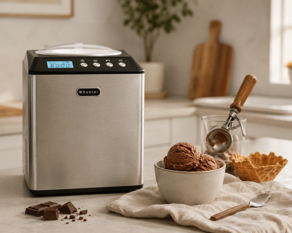 Whynter ICM-201SB stainless steel ice cream maker in a cozy modern kitchen, beside a bowl of chocolate ice cream, waffle cones, chocolate pieces, and an ice cream scoop.