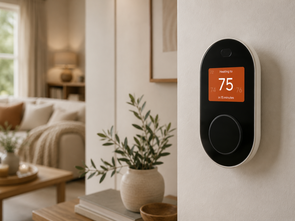 The Wyze smart thermostat is now styled naturally within a warm, lived-in home setting