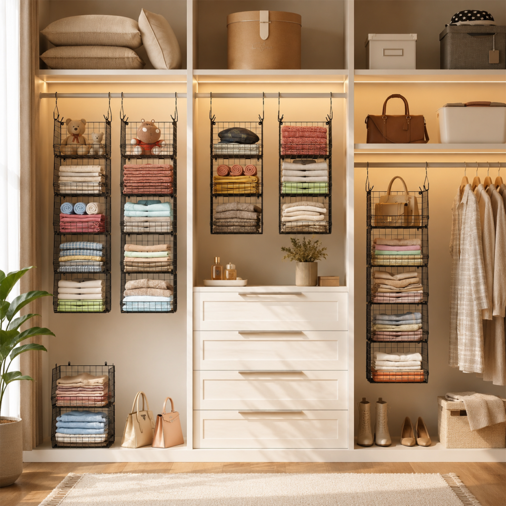 Aesthetic, warm-toned walk-in closet featuring COSRACK five-tier hanging organizers filled with neatly folded towels, linens, and clothing, surrounded by handbags, storage boxes, shoes, greenery, and natural wood accents.