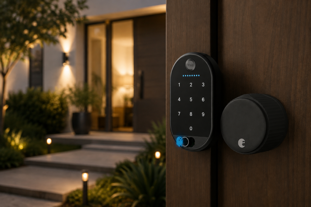 Yale August Wi-Fi Smart Lock with touch keypad mounted on a dark wooden front door, illuminated against a warmly lit modern home entrance at dusk.