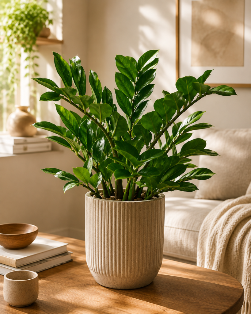 Lush ZZ plant in a ribbed taupe ceramic planter styled on a warm wooden coffee table in a softly lit, cozy neutral living room.