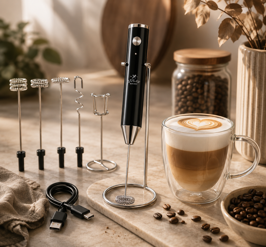 The Zulay Kitchen frother is styled as a beautiful, inviting centerpiece for an everyday coffee ritual.