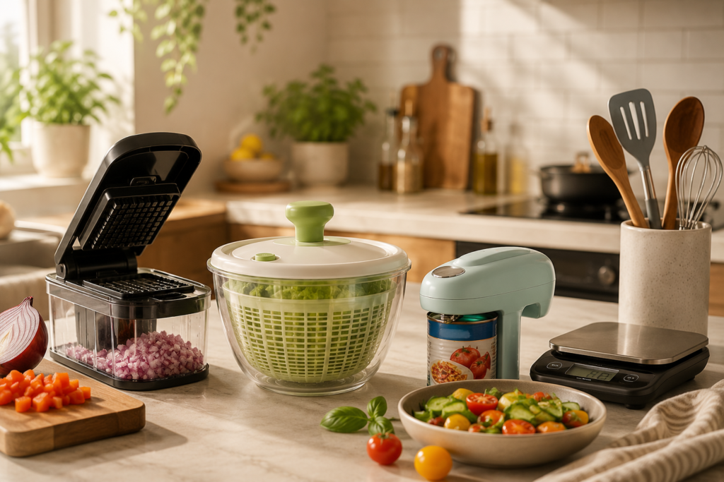 Warm modern kitchen with fresh ingredients and useful cooking tools