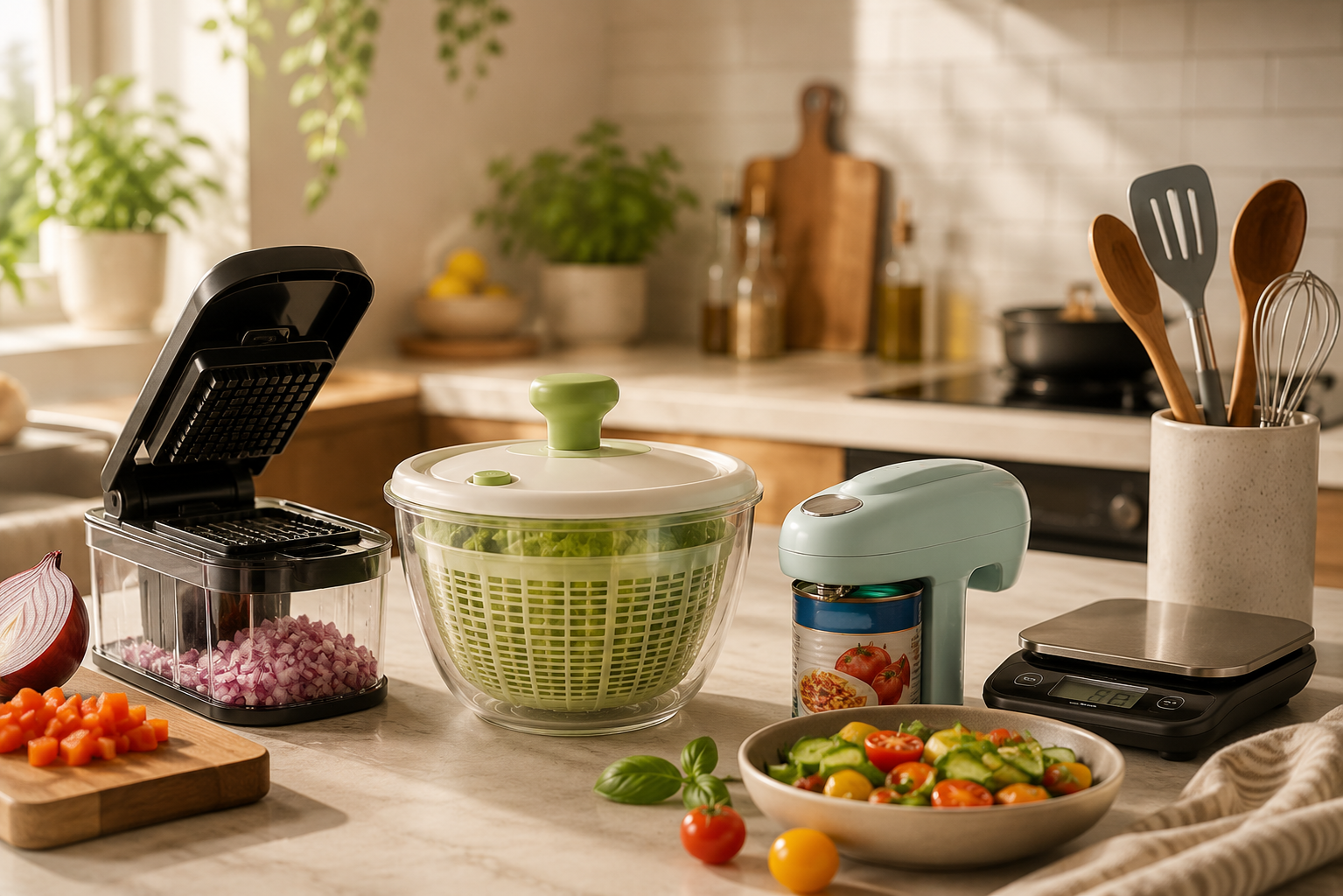 Warm modern kitchen with fresh ingredients and useful cooking tools