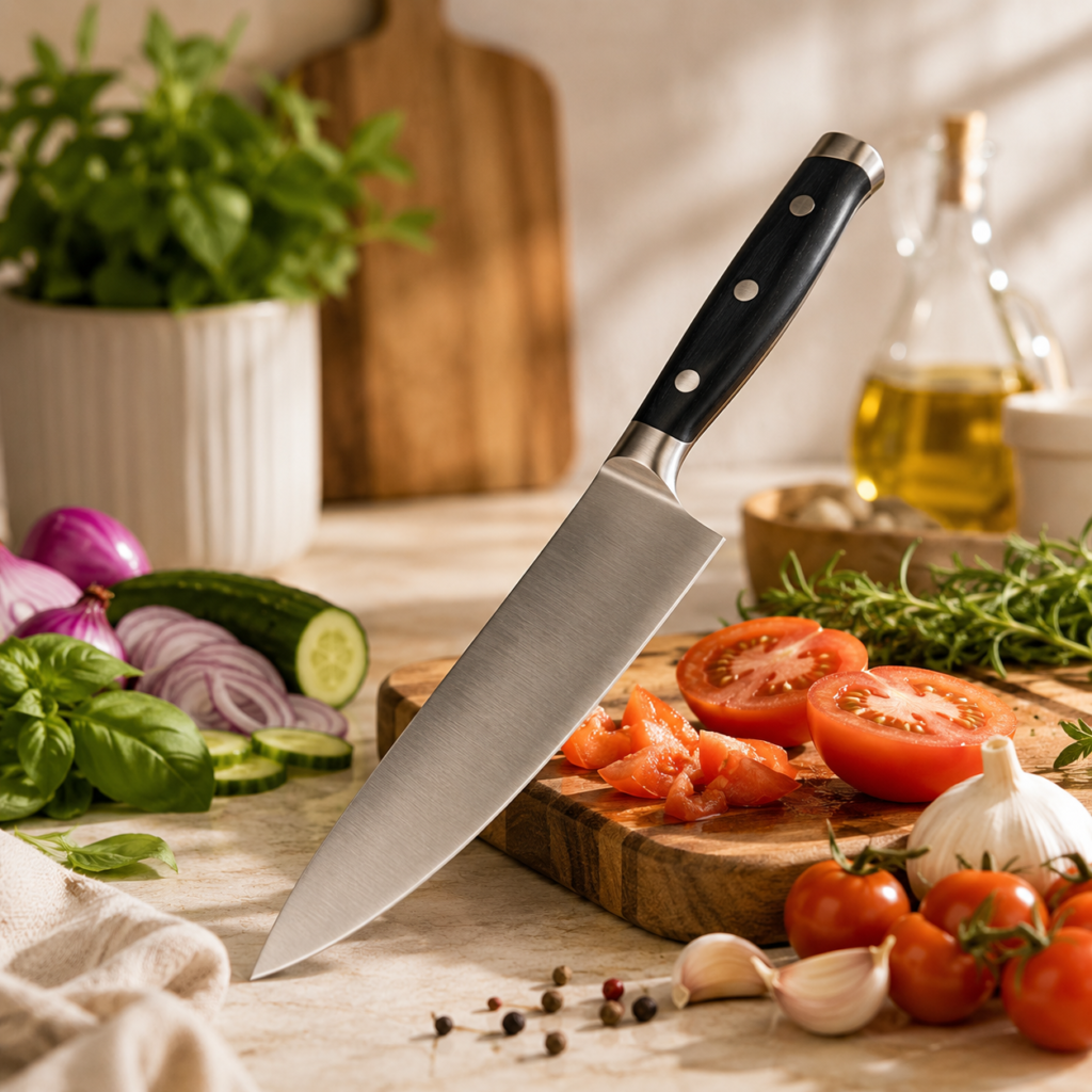 chef Knife Chef’s knife resting on a wooden cutting board in a warm, sunlit kitchen, surrounded by fresh tomatoes, cucumber, red onion, garlic, herbs, peppercorns, and neutral kitchen accents for an inviting culinary lifestyle scene.