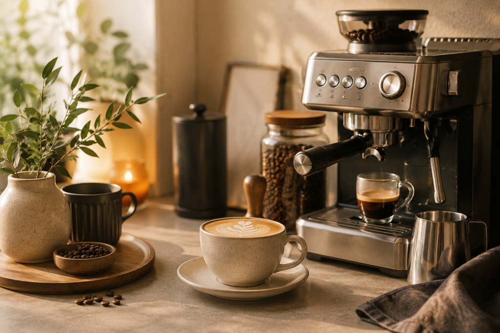Cozy coffee station with an espresso machine, coffee cups, and freshly brewed coffee