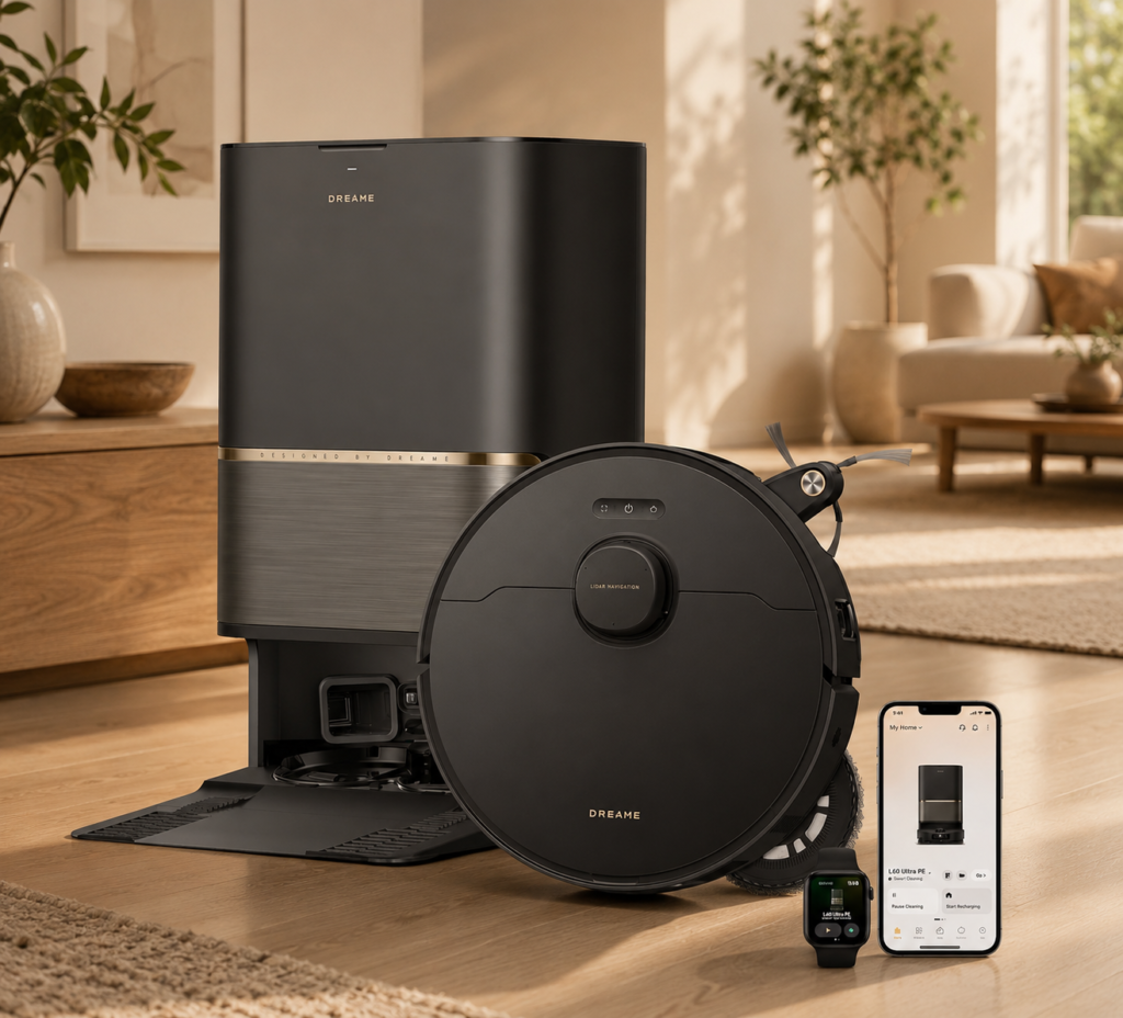 DREAME robot vacuum and auto-empty dock in a warm, modern living room, with smartphone and smartwatch controls highlighting a connected smart-home cleaning experience.
