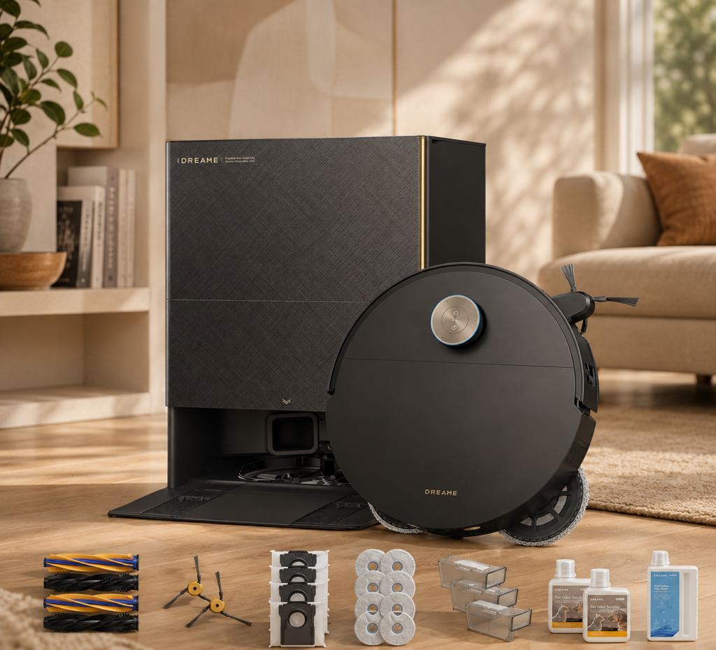 dreame X60 Max Ultra Complete Robot Vacuum and Mop DREAME robot vacuum and docking station in a warm, modern living room, styled with its cleaning accessories and maintenance supplies for a complete smart home cleaning setup.