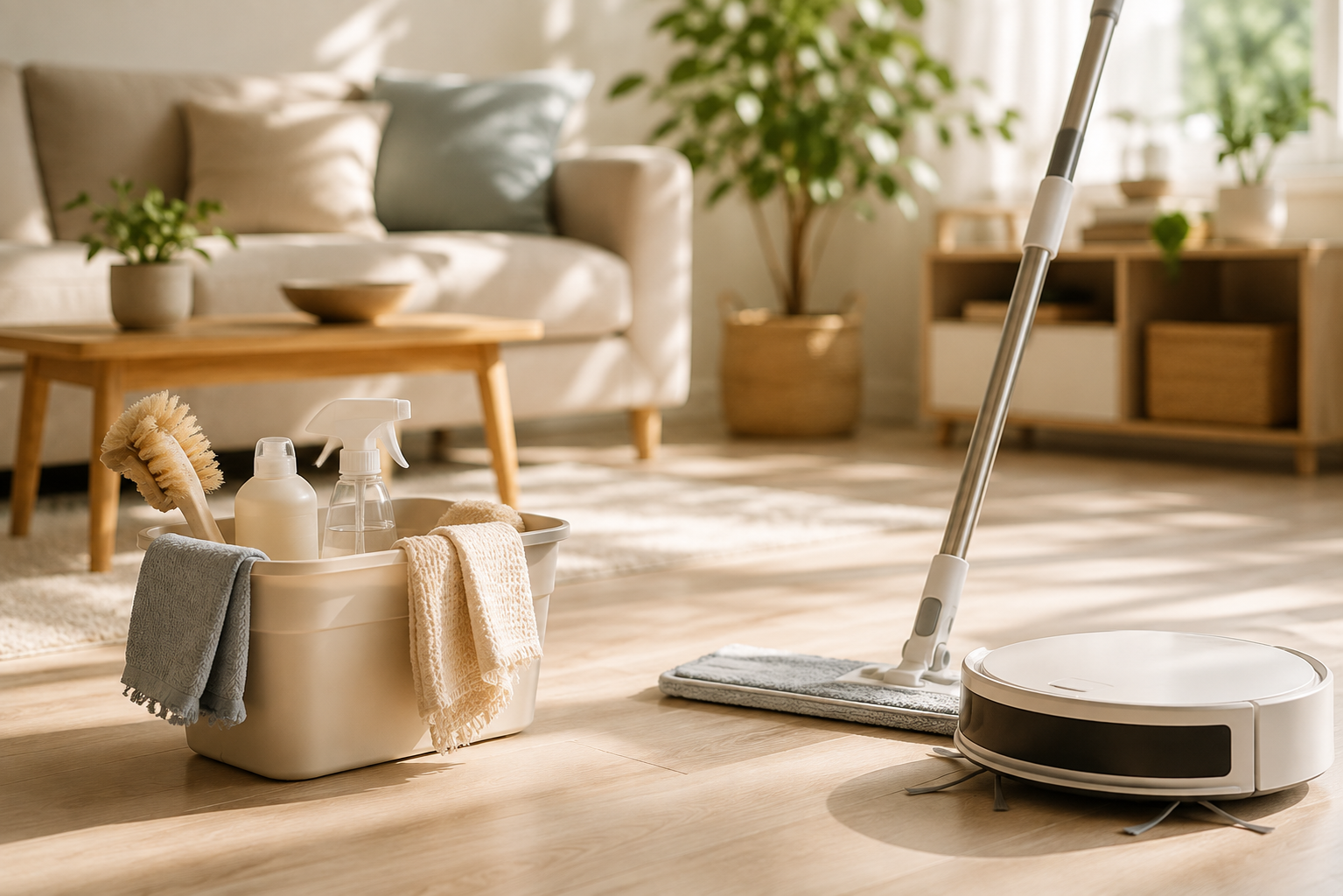 Bright, tidy home with modern cleaning tools and organized surfaces