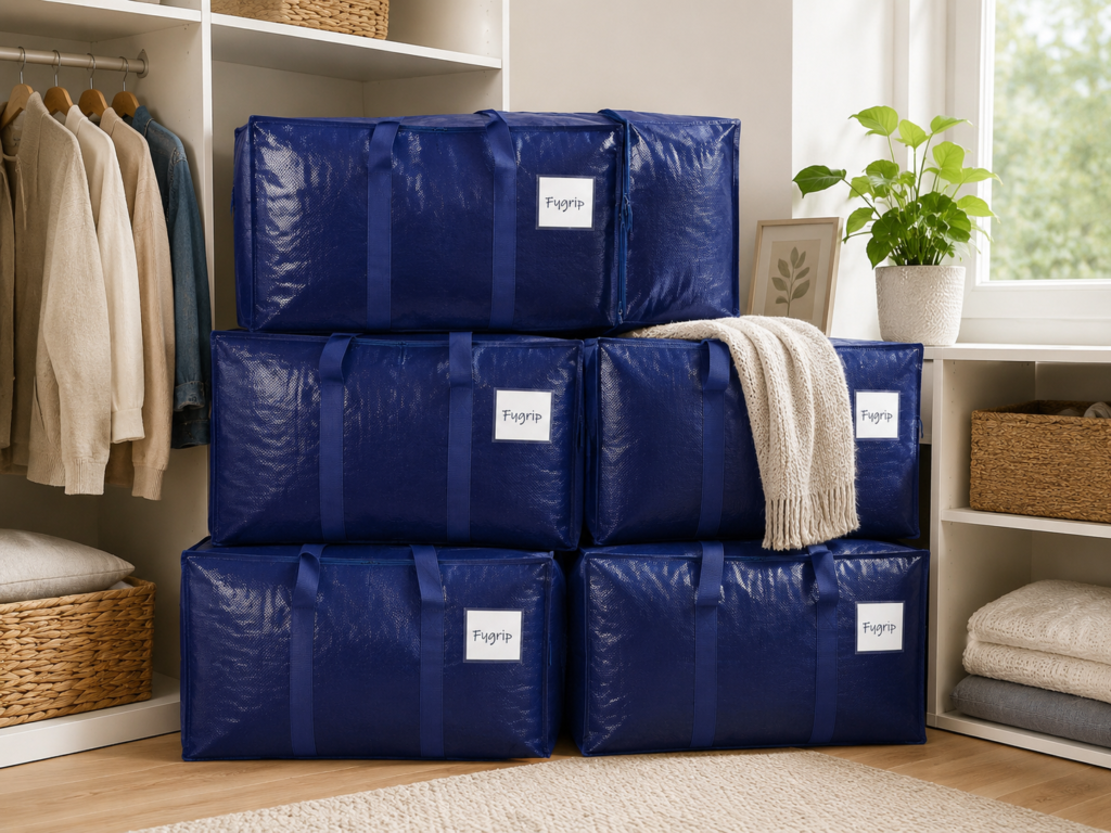 Navy Fugrip storage bags neatly stacked in a bright, organized closet, surrounded by folded linens, hanging clothes, woven baskets, and a green houseplant.