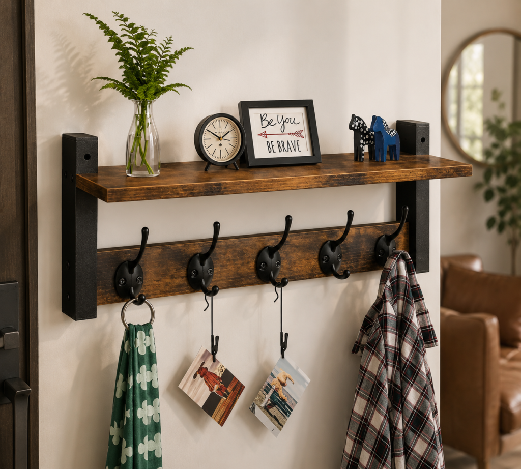 Rustic wood entryway wall shelf with five black hooks styled in a warm modern hallway, holding a green patterned scarf and plaid shirt, with decorative accents and a small vase of greenery above.