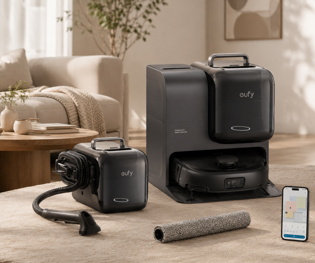 eufy E28 Official Rolling Mop Eufy E28 cleaning system with its robotic vacuum, self-cleaning station, portable cleaning unit, hose, roller accessory, and app control displayed in a warm, modern living room.
