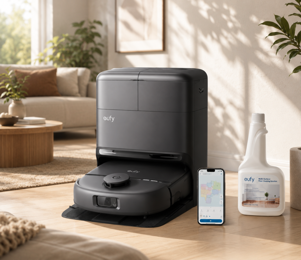 eufy Robot Vacuum C28 for Pet Hair & Floor Cleaner Compatible with Robot Vacuum Omni Eufy C28 robot vacuum and cleaning station in a bright, modern living room, styled with a smartphone showing a cleaning map and a multi-surface floor cleaning solution bottle.
