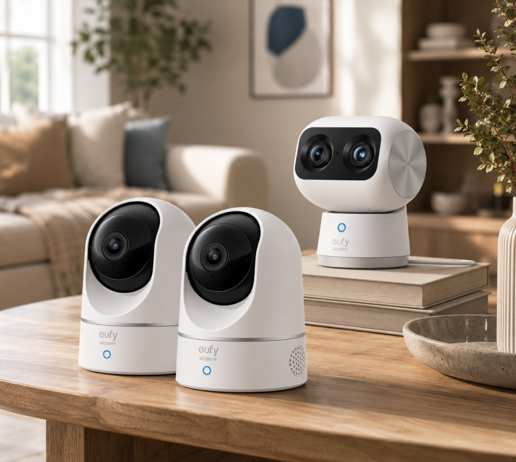 eufy Security Indoor E220 Eufy Security Indoor E220 cameras styled in a warm, modern home interior, with white smart cameras displayed on a wooden table against a softly blurred living space.