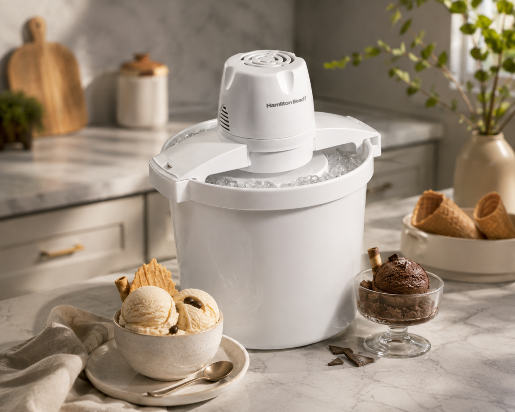 Hamilton Beach ice cream maker displayed on a bright kitchen countertop with bowls of vanilla and chocolate ice cream, waffle cones, and chocolate garnishes.