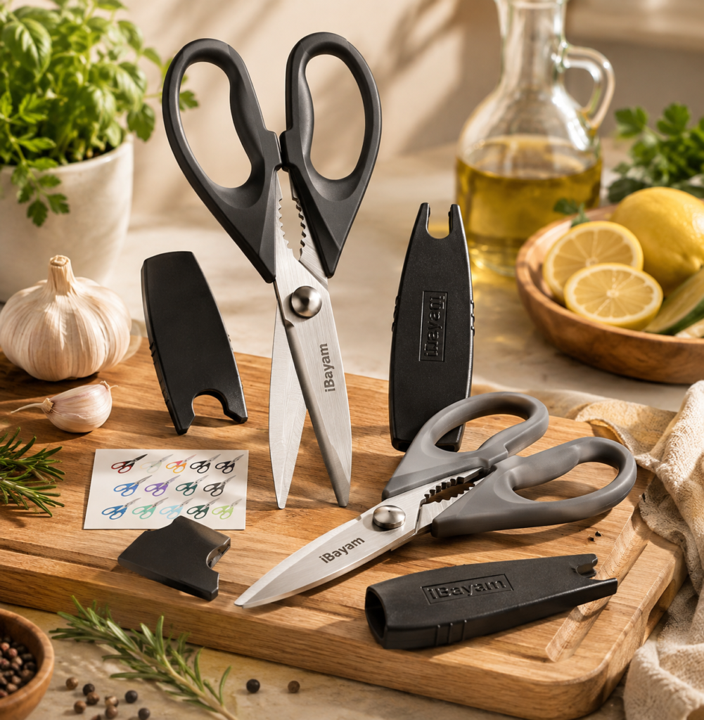 iBayam All Purpose Kitchen Shears iBayam all-purpose kitchen shears displayed on a warm wooden cutting board with protective covers, fresh herbs, garlic, lemons, olive oil, and other natural kitchen ingredients in a bright, inviting setting.