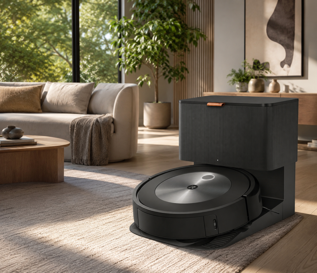 black robotic vacuum positioned in front of its self-cleaning base with smartphone app display.