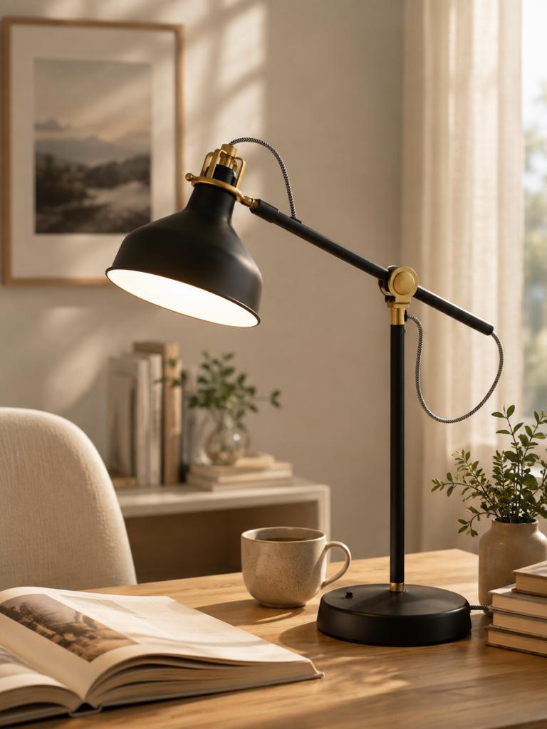ikea ranarp Black and brass adjustable desk lamp with a wide angled arm and industrial-style shade