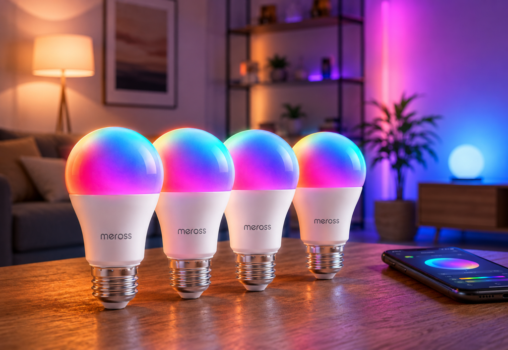 meross Smart LED Light Bulb, Supports Apple HomeKit The Meross smart bulbs are now presented in an inviting, colorful living-room setting that feels lived-in and aspirational