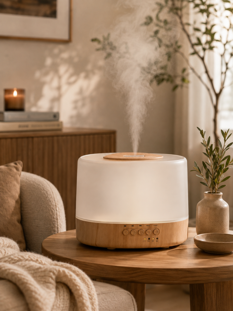 muson Essential Oil Diffuser MUSON wood grain essential oil diffuser with mist controls and warm ambient lighting