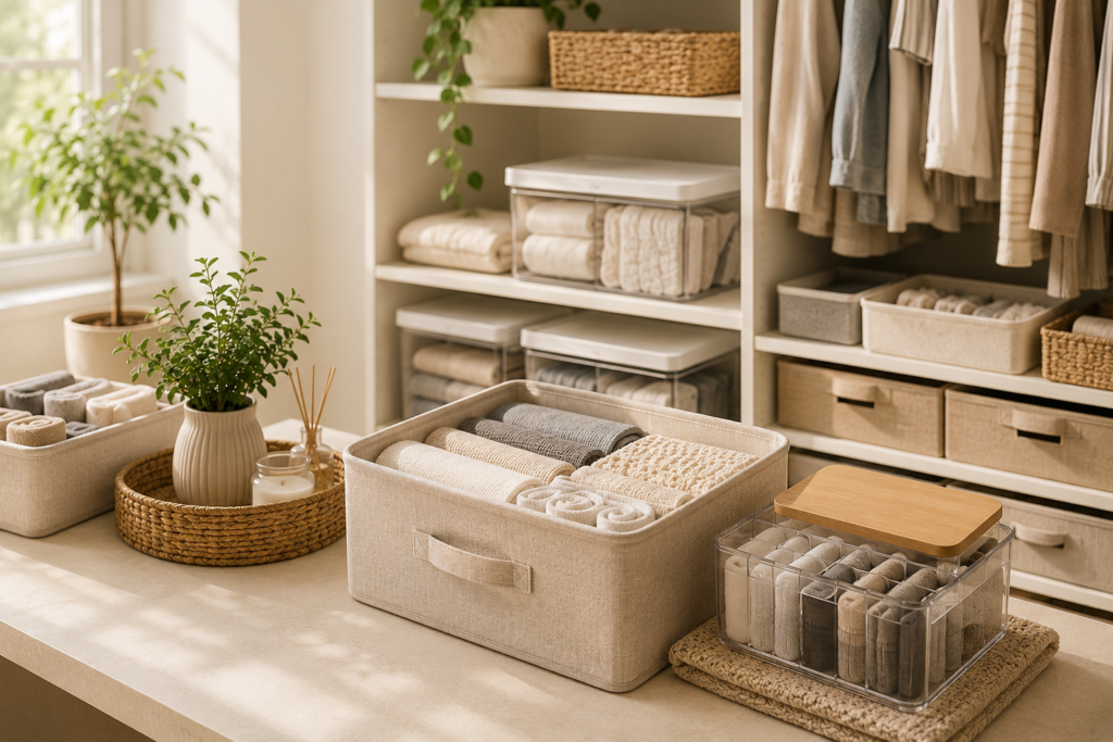 Organized home storage area with neatly arranged baskets, bins, and folded textiles