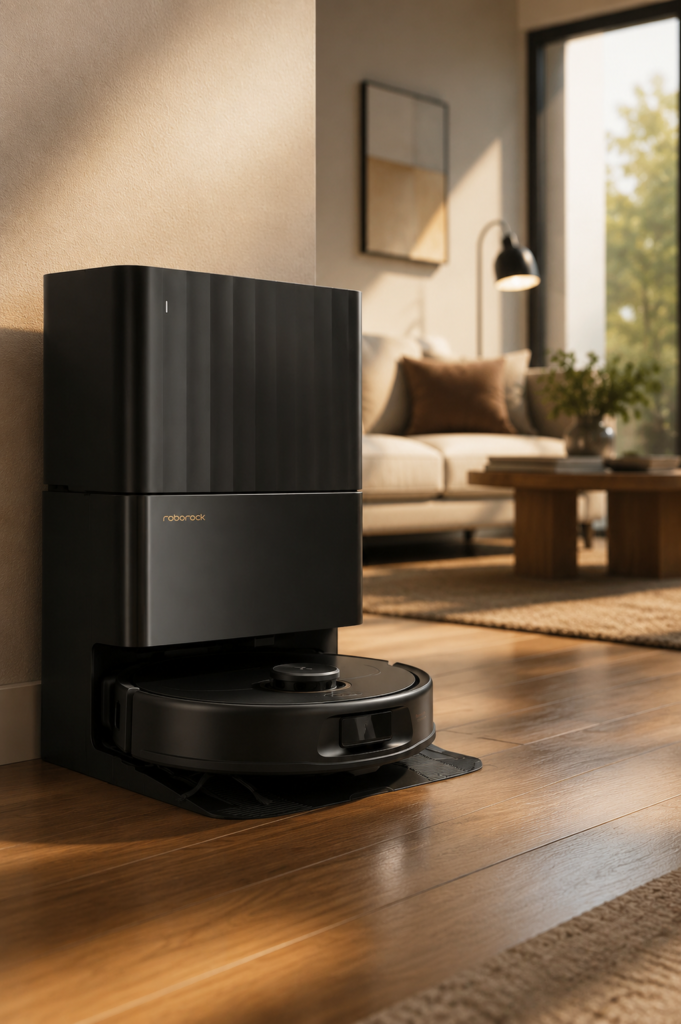 Roborock Qrevo S5V robot vacuum and mop docked in a modern living room with warm natural lighting.
