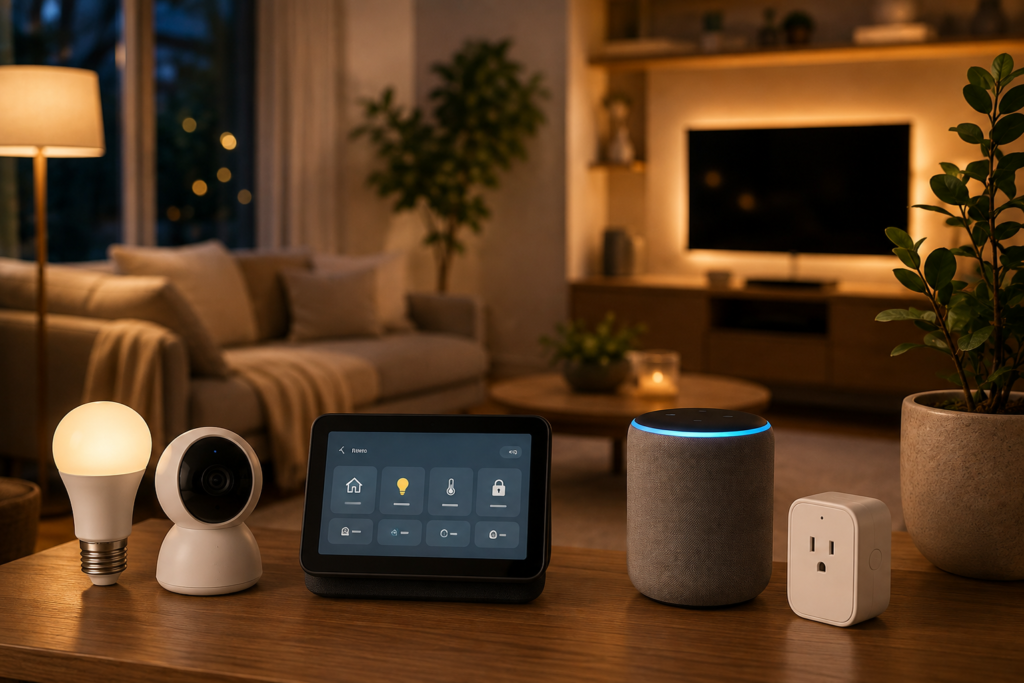 Modern living room with smart home devices and connected lighting