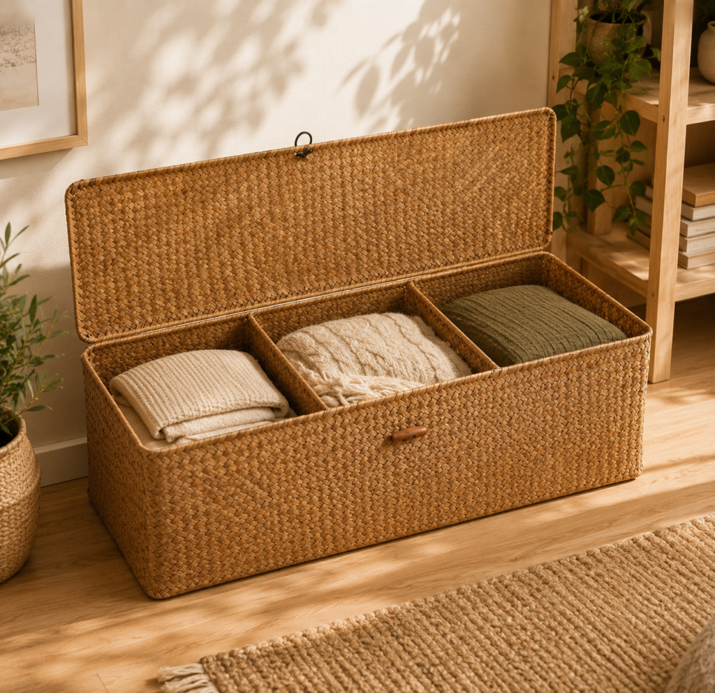Large woven seagrass storage basket with an open lid and three compartments, filled with neatly folded neutral-toned blankets and textiles, styled in a warm, sunlit Scandinavian-inspired room with natural wood, plants, and a cozy woven rug.